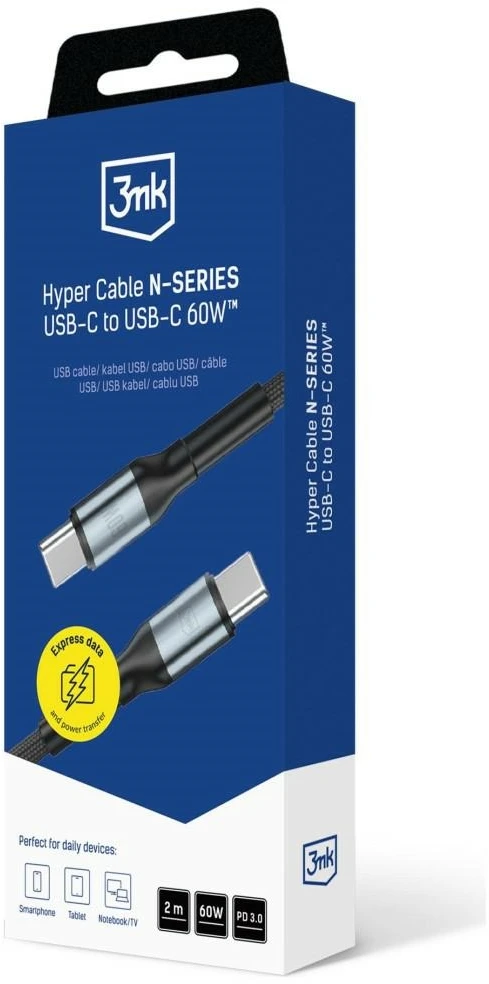3Mk apsauga 3mk Hyper kabelis 3mk Hyper kabelis N serijos USB-C / USB-C 2m 20V/3A 60W / juodas