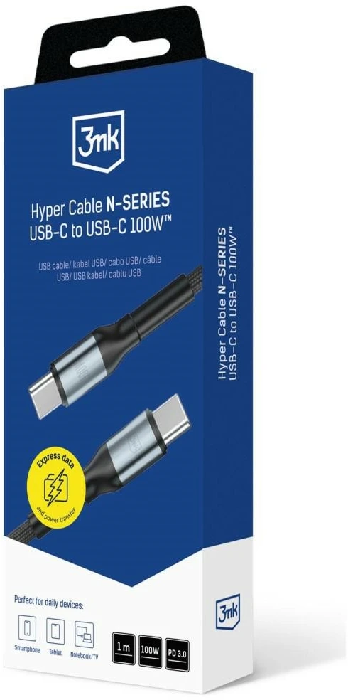 3Mk apsauga 3mk Hyper kabelis 3mk Hyper kabelis N serijos USB-C / USB-C 1m 20V/5A 100W / juodas