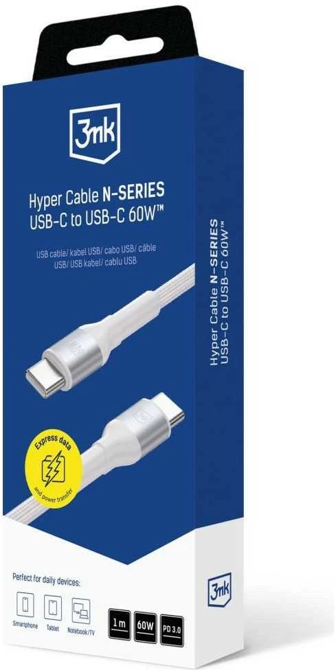 3Mk apsauga 3mk Hyper kabelis 3mk Hyper kabelis N serijos USB-C / USB-C 1m 20V/3A 60W / baltas
