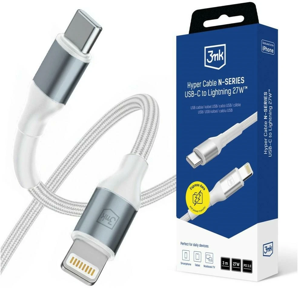 3Mk Protection 3mk Hyper Cable N-SERIES USB-C / Lightning 3m PD 3.0 9V/3A 27W - baltas