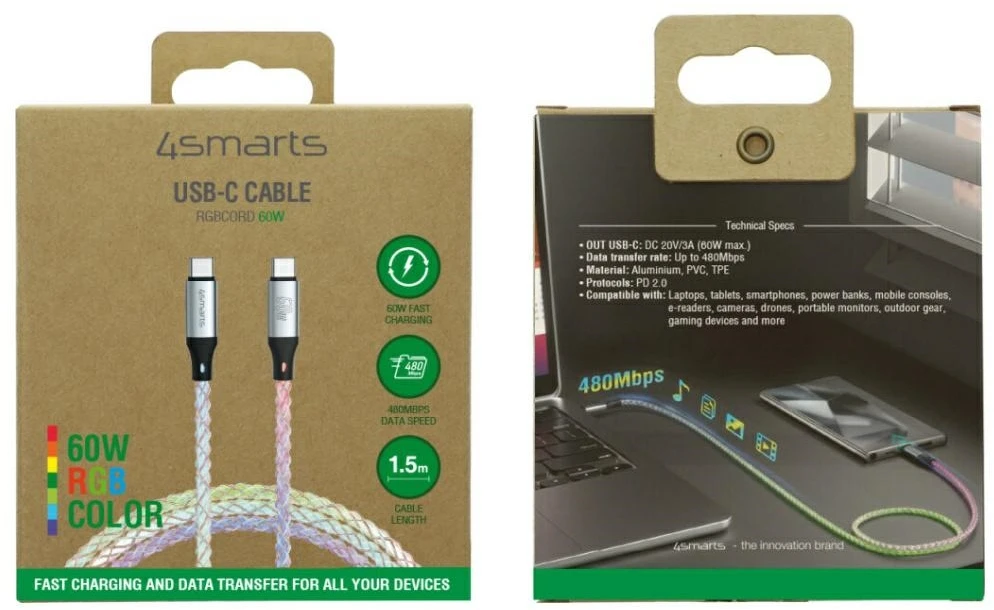 Kabelis 4smarts USB-C 60W 1.5m RGB