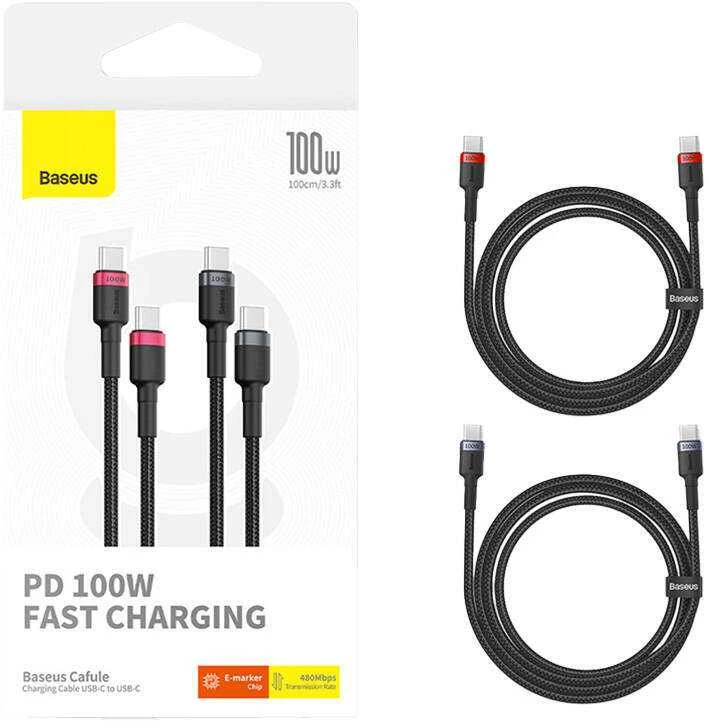 Kabelis Baseus Cafule USB-C į USB-C 100W, 1m, 2 vnt (raudona juoda, pilka juoda)
