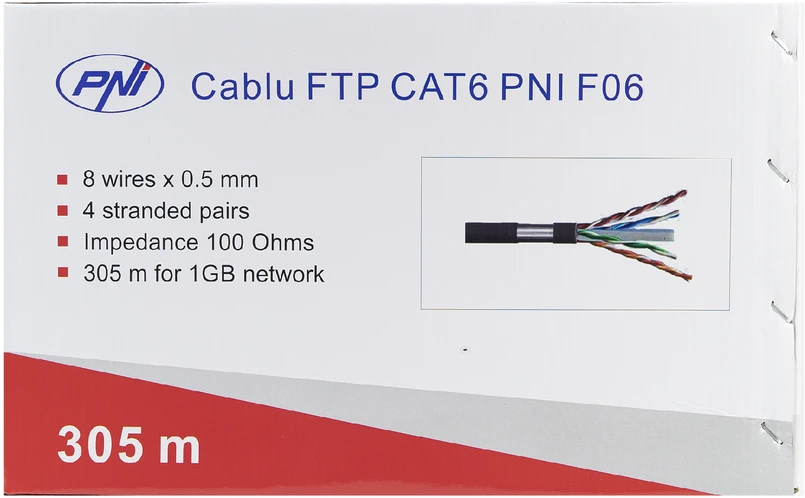 Kabelis metrais FTP CAT6 PNI F06 su 4 poromis, skirtas 1 Gigabit internetui ir stebėjimo sistemoms