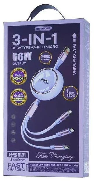 KABELIS REMAX LINON SERIES 66W 3IN1 USB-C/MICRO/LIGHTNING RC-C029 VIOLETINIS