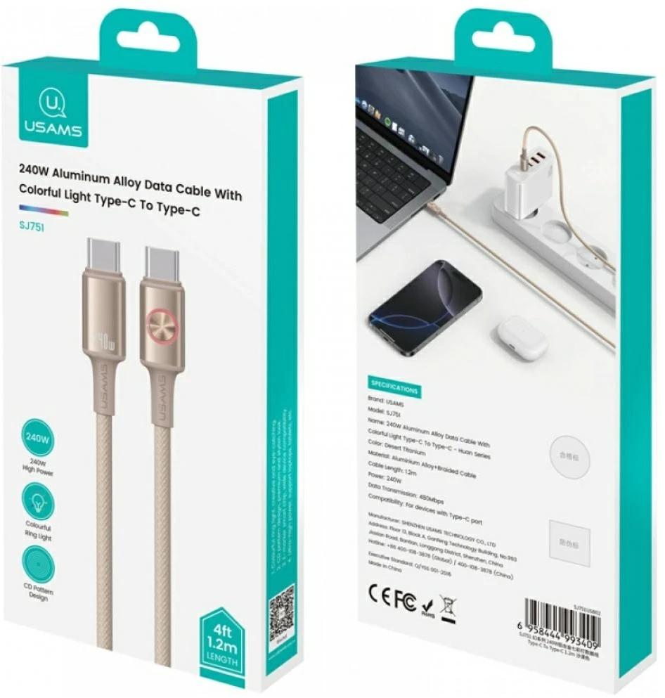 USAMS Huan Series SJ751 240W USB-C į USB-C kabelis 1.2 m titanium