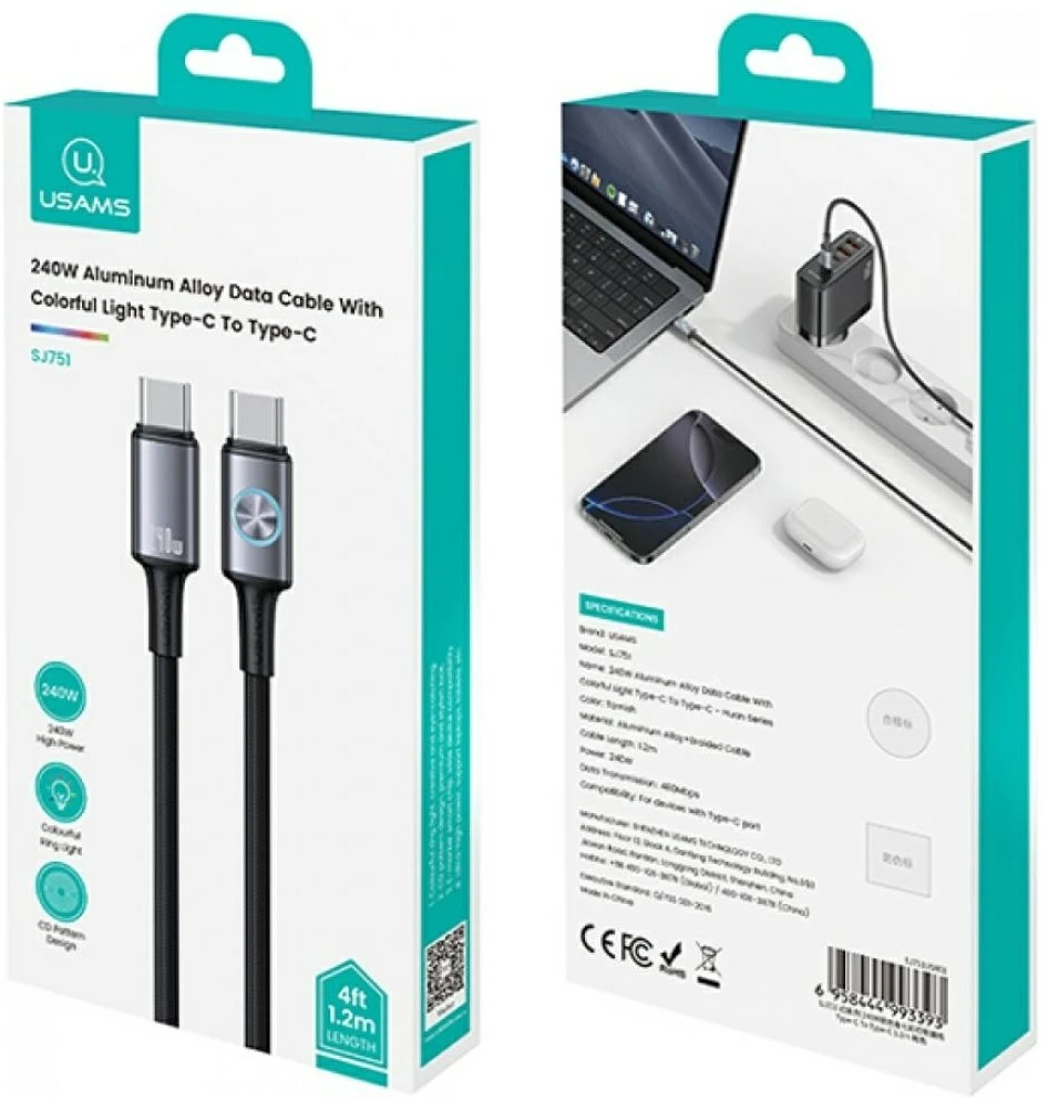 USAMS Huan Series SJ751 240W USB-C į USB-C kabelis 1,2 m tamsus