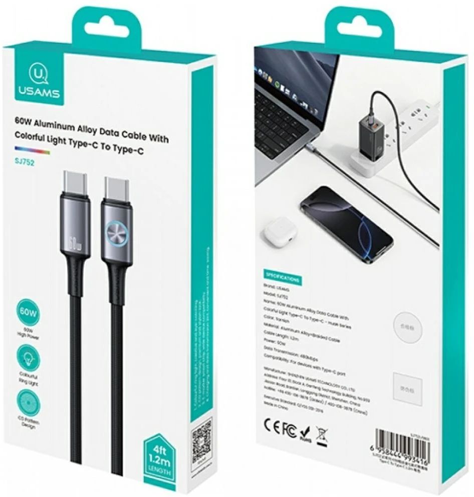 USAMS Huan Series SJ752 60W USB-C į USB-C kabelis 1.2 m tamsinti