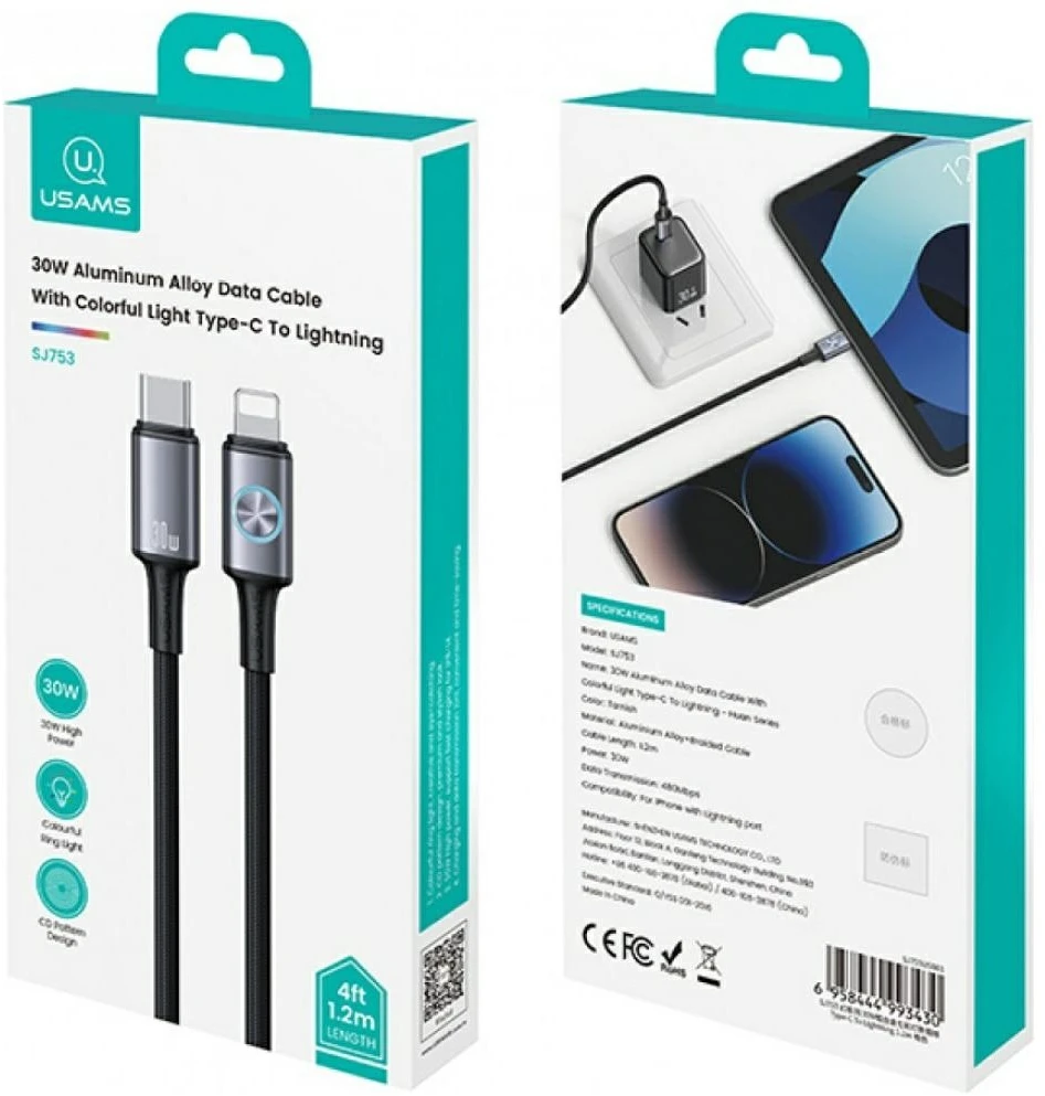 USAMS Huan Series SJ753 30W USB-C į Lightning kabelis 1.2 m tamsinti