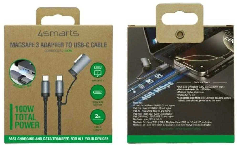 Kabelis USB-C 4smarts Explorer ComboCord 100W 2m su adapteriu MagSafe juodos spalvos