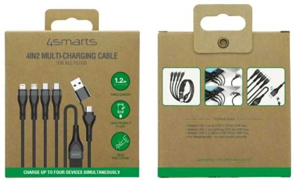 Kabelis USB-C/USB-A 4smarts 4in1 1.2m juodos spalvos