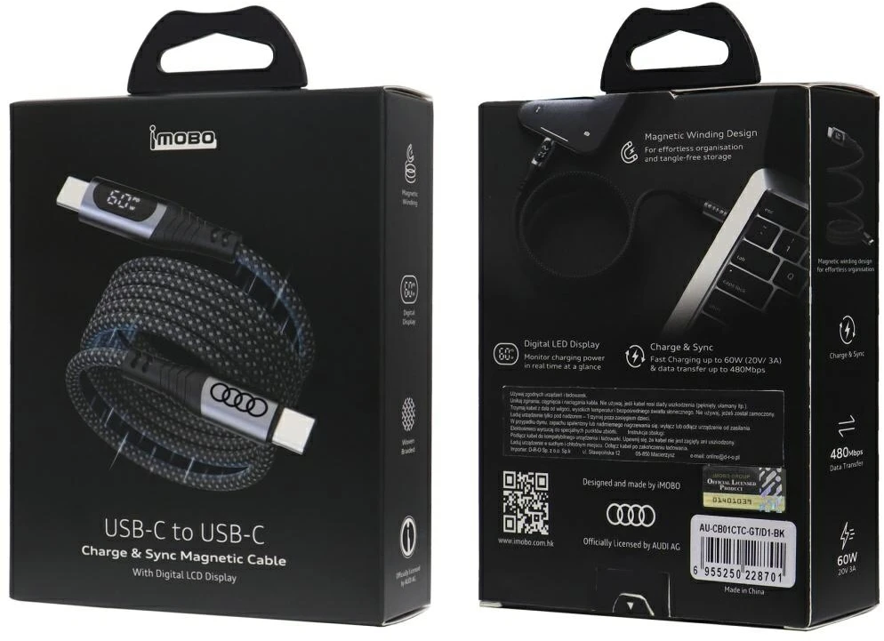 USB-C / USB-C Audi 2.0 Cable 20V 3A 60W - Juodas