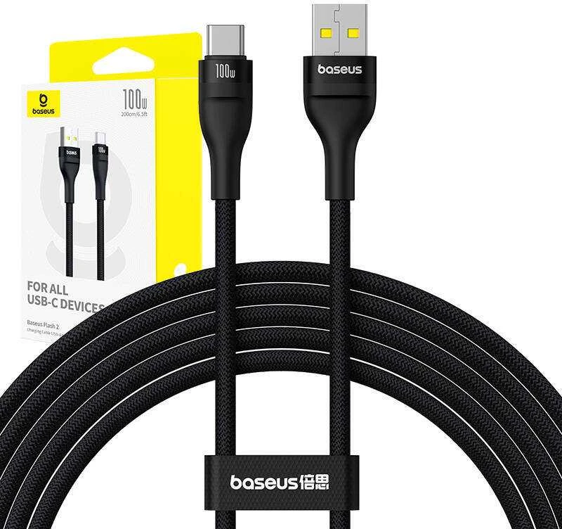 Įkrovimo kabelis Baseus Flash 2 USB į USB-C 100W, 2m (juodas)
