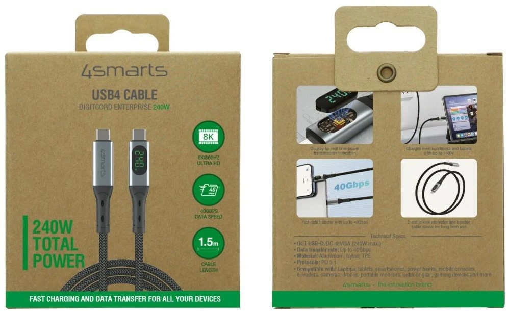 Kabelis USB4 4smarts DigitCord 240W 1.5m juodos spalvos