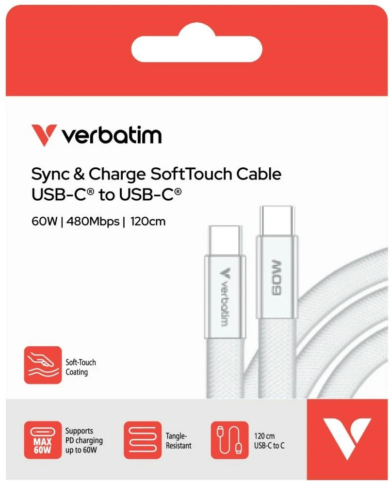 Kabelis Verbatim Sync & Charge SoftTouch USB-C į USB-C 60W PD3.0 120cm baltos spalvos 30274