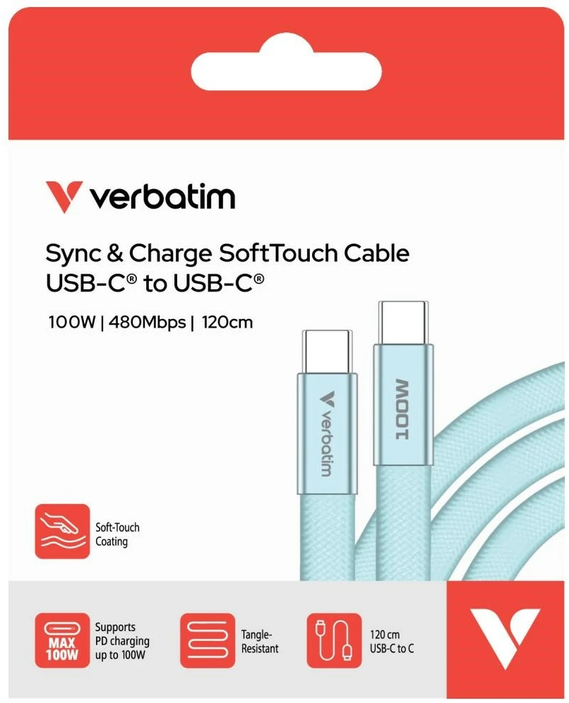 Kabelis Verbatim Sync & Charge SoftTouch USB-C į USB-C 100W PD3.0 120cm žydros spalvos 30276