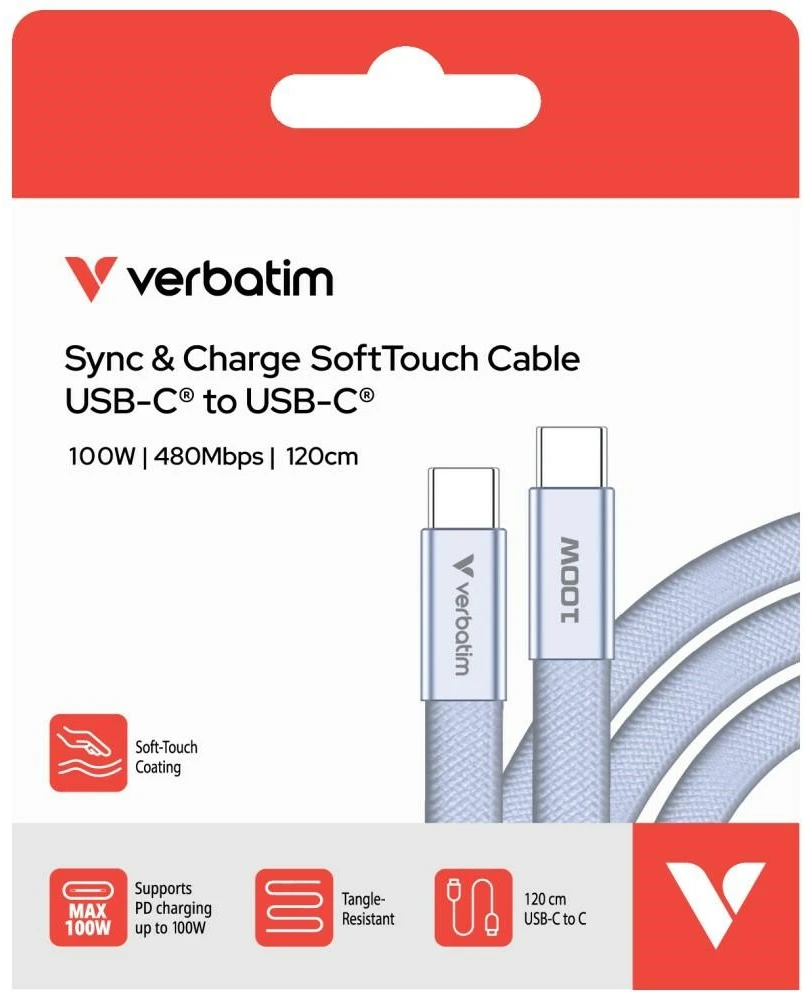 Kabelis Verbatim Sync & Charge SoftTouch USB-C į USB-C 100W PD3.0 120cm violetinės spalvos 30278