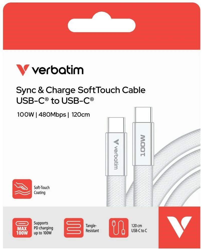 Kabelis Verbatim Sync & Charge SoftTouch USB-C į USB-C 100W PD3.0 120cm baltos spalvos 30277