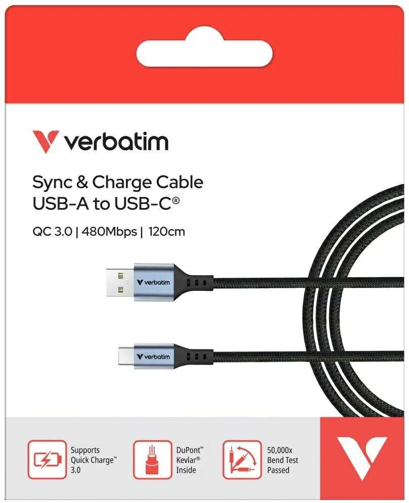 „Verbatim“ sinchronizavimo ir įkrovimo laidas USB-A į USB-C, 18 W, 120 cm, Juodas