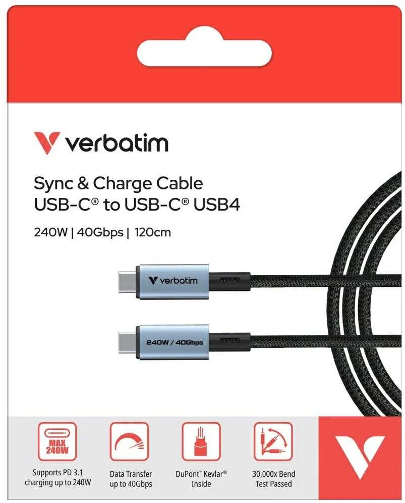 Kabelis Verbatim Sync & Charge USB-C į USB-C 240W 40Gb/s 120cm juodos spalvos 31847