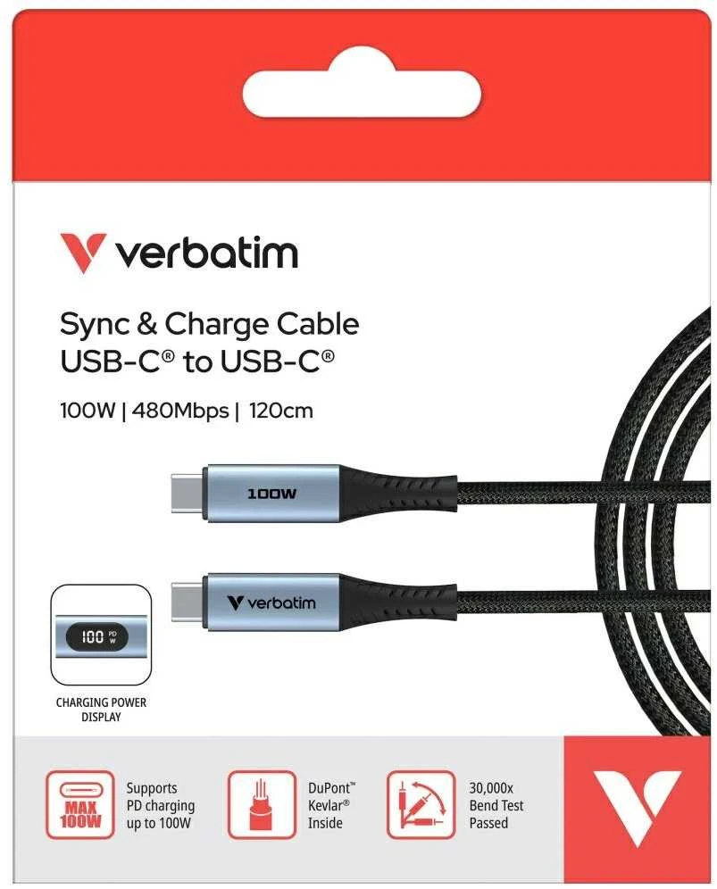Kabelis Verbatim Sync & Charge USB-C į USB-C 100W display 120cm juodos spalvos 31848