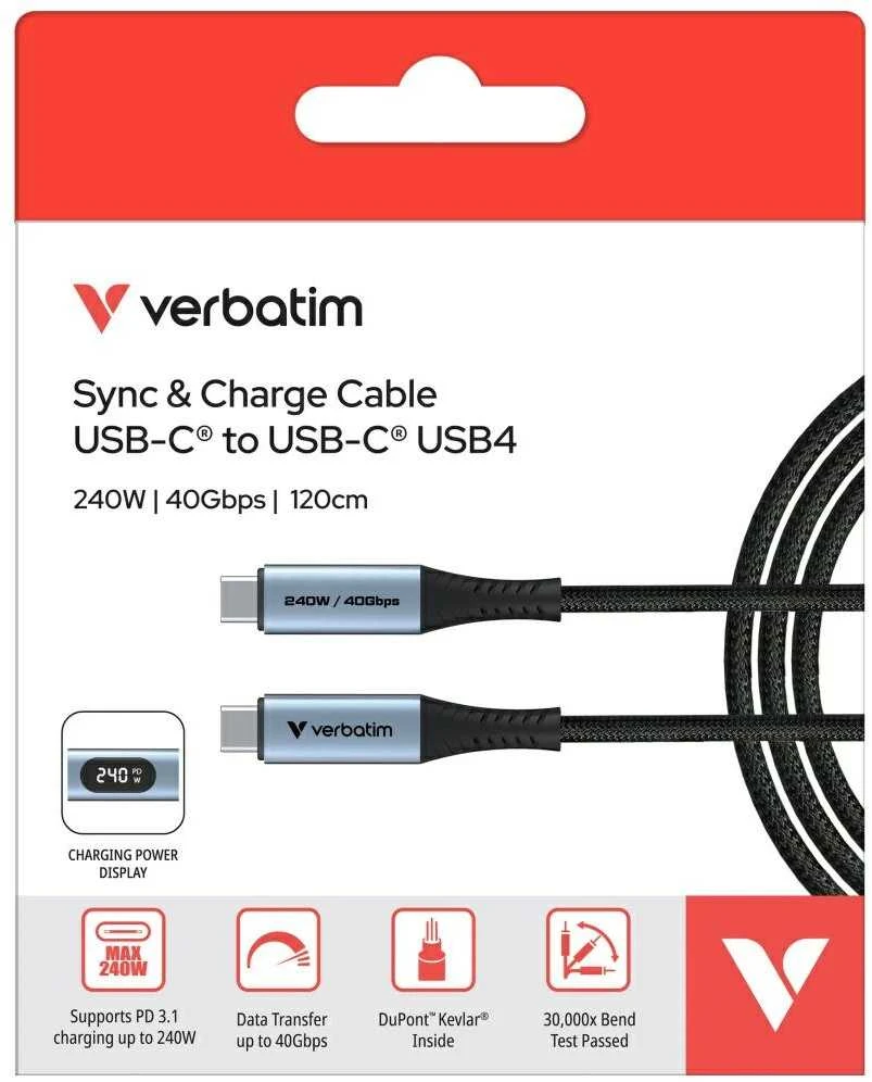 Kabelis Verbatim Sync & Charge USB-C į USB-C 40Gb/s 240W display 120cm juodos spalvos 31849