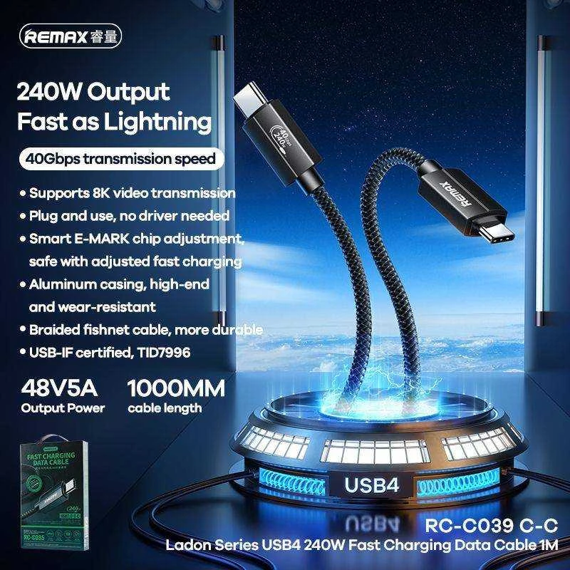 USB-C laidas USB-C Remax Ladon, USB4.0, RC-C039, 1m, 240W, (juodas)
