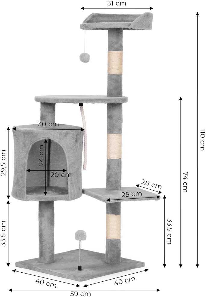 Kačių draskyklė-namelis su gultu, 110 cm, pilka, Petsi