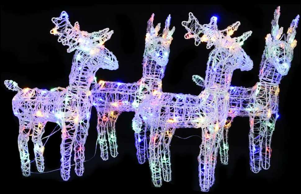 Kalėdiniai elniai, 4vnt., įvairių spalvų, akrilas, 160LED