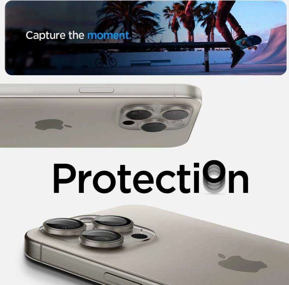 Kameros apsauga iPhone 14 Pro / 14 Pro Max / 15 Pro / 15 Pro Max / 16 Pro / 16 Pro Max / 17 Pro / 17 Pro Max Spigen Optik.TR Camera Protector 2 vnt. natūralaus titano smėlio spalvos