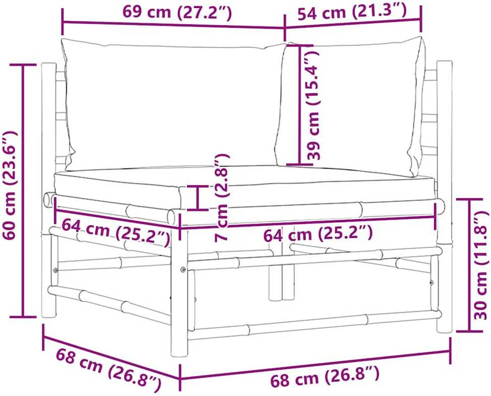 Kampinė sodo sofa su tamsiai pilkomis pagalvėlėmis, bambukas
