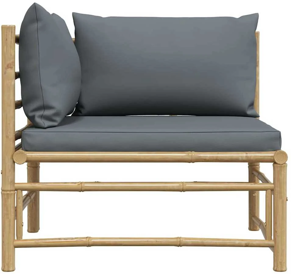 Kampinė sodo sofa su tamsiai pilkomis pagalvėlėmis, bambukas