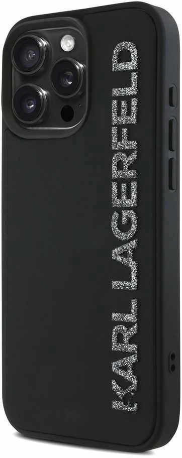 Karl Lagerfeld 3D Rubber Glitter Logo Apple iPhone 15 Pro Max dėklas telefonui juodos spalvos