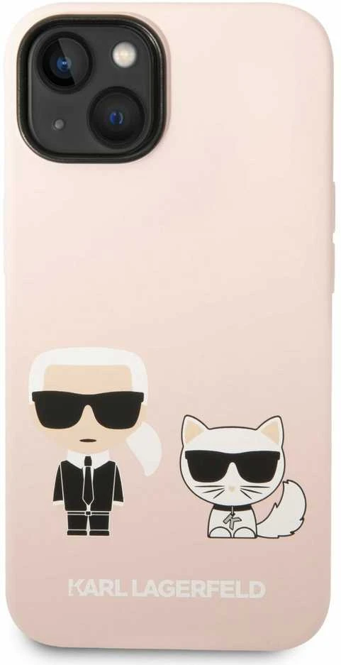 Karl Lagerfeld ir Choupette skystas silikoninis dėklas, skirtas iPhone 14 Plus Rožinė