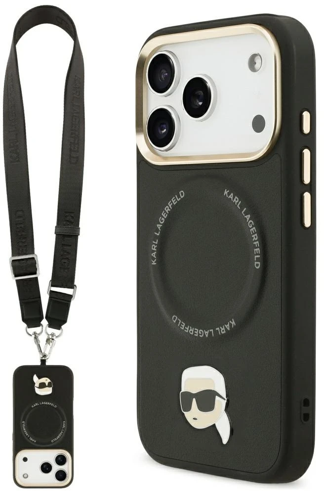 Karl Lagerfeld Big Strap Karl Metal Logo MagSafe dėklas skirtas iPhone 17 Pro juodos spalvos