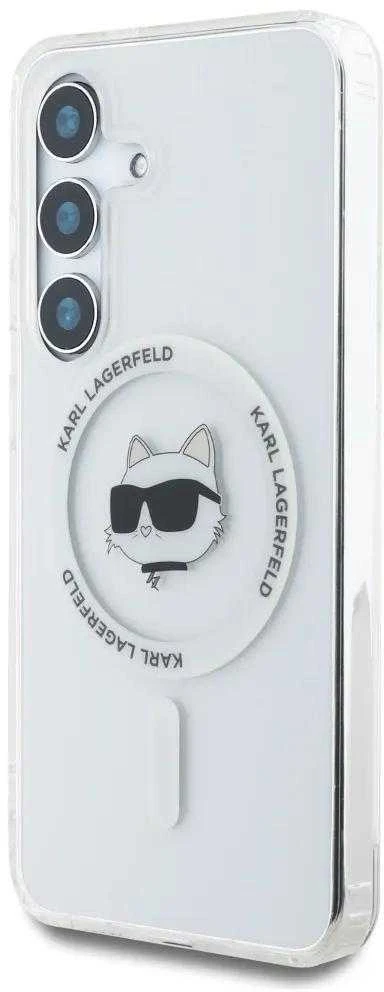 Dėklas Karl Lagerfeld Karlo Lagerfeldo mygtuko Choupette galvutės spausdintas logotipas MagSafe Samsung Galaxy S25 Plus baltas