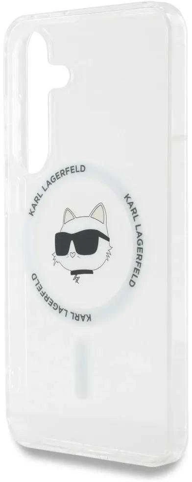 Dėklas Karl Lagerfeld Karlo Lagerfeldo mygtuko Choupette galvutės spausdintas logotipas MagSafe Samsung Galaxy S25 Plus baltas