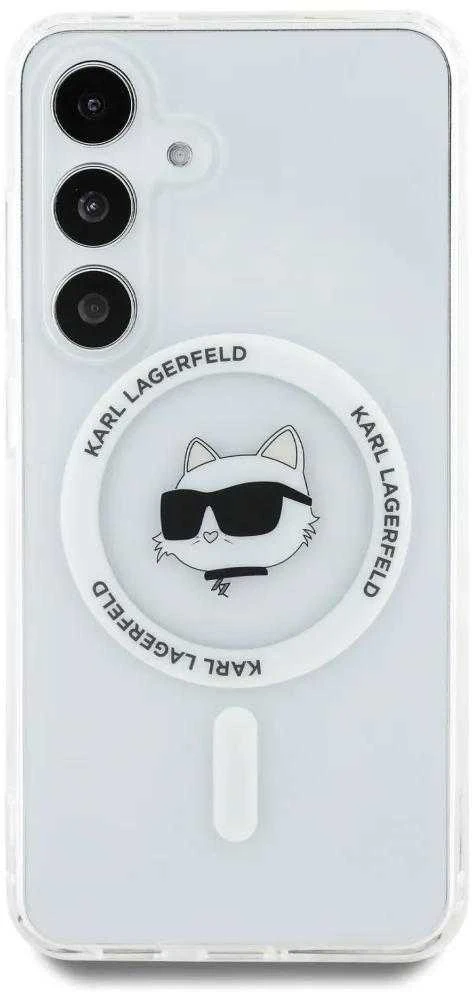 Dėklas Karl Lagerfeld Karlo Lagerfeldo mygtuko Choupette galvutės spausdintas logotipas MagSafe Samsung Galaxy S25 Plus baltas