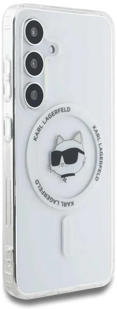 Dėklas Karl Lagerfeld Karlo Lagerfeldo mygtuko Choupette galvutės spausdintas logotipas MagSafe Samsung Galaxy S25 Plus baltas