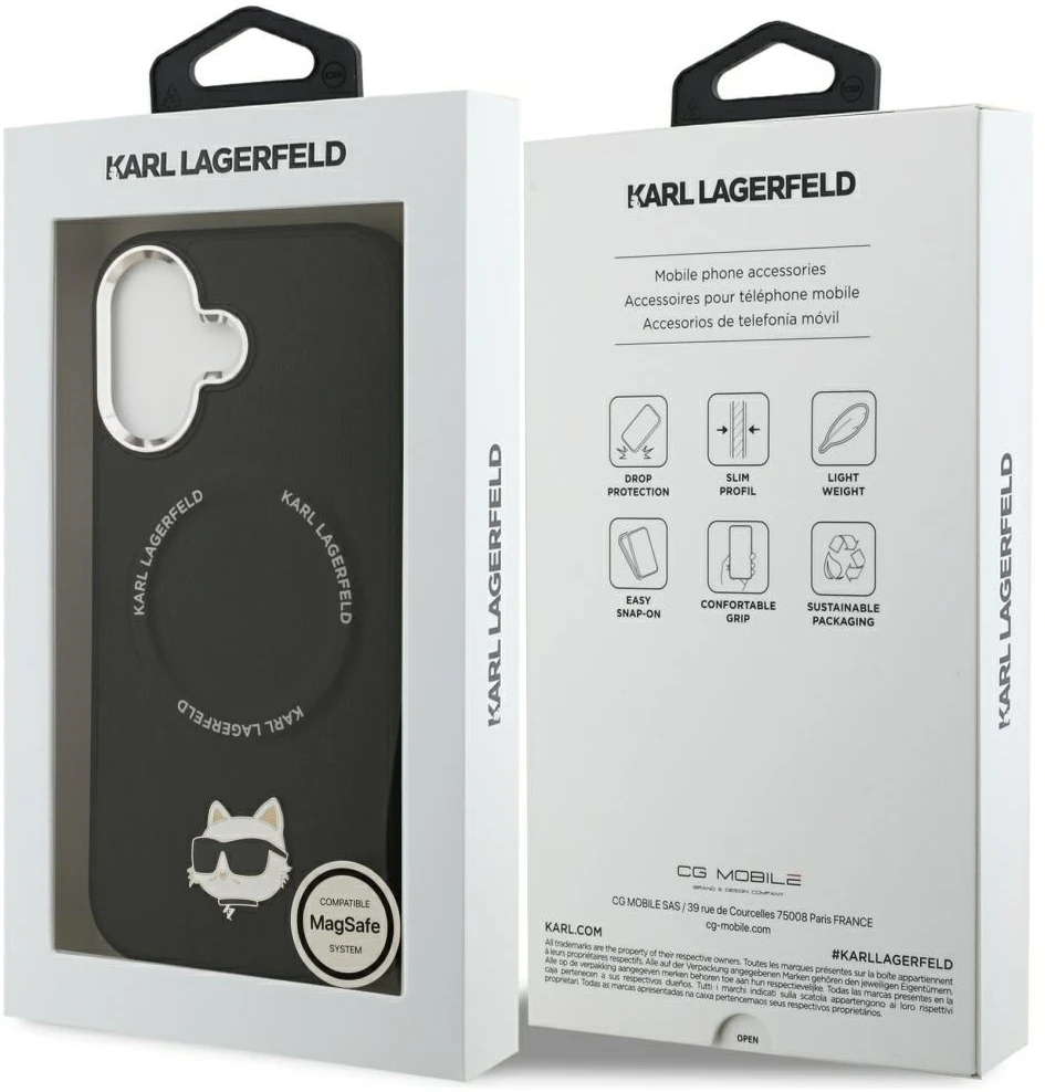 Karl Lagerfeld Choupette Pin MagSafe dėklas iPhone 17 telefonui, juodas
