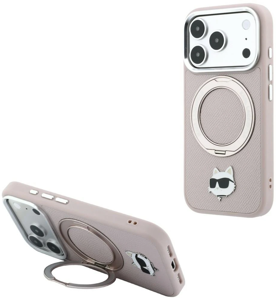 Karl Lagerfeld dėklas su 360° žiediniu stovu Choupette Head Pin MagSafe, skirtas iPhone 18 Pro Max / 17 Pro Max