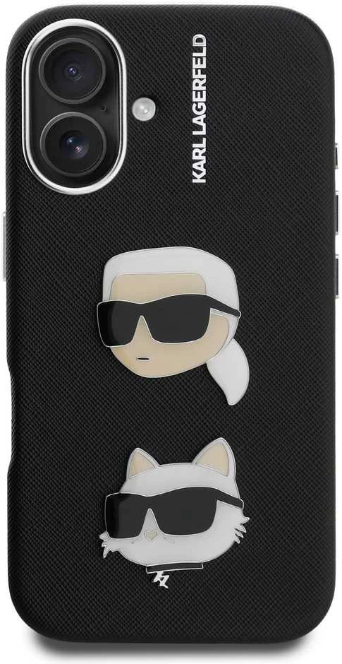 Karl Lagerfeld Grained PU K&CH Heads dėklas skirtas Apple iPhone 16 juodos spalvos