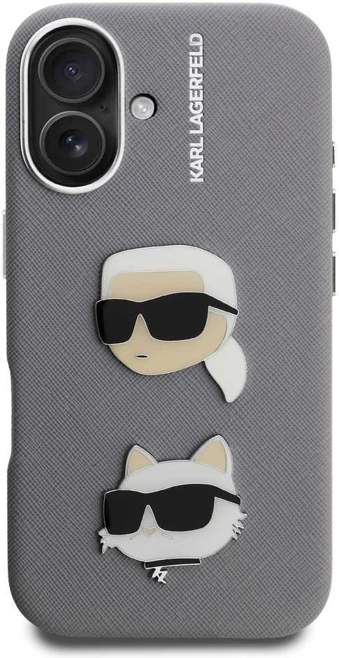 Karl Lagerfeld Grained PU K&CH Heads dėklas skirtas Apple iPhone 16 pilkos spalvos