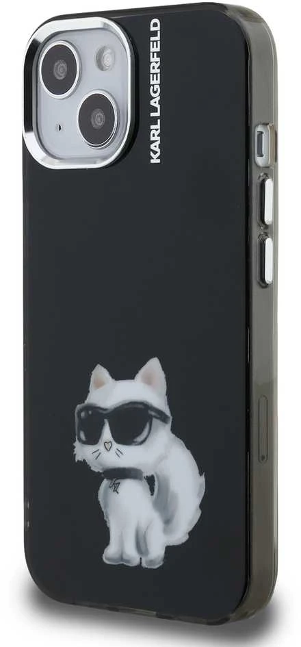 Karl Lagerfeld IML Aquarelle Choupette dėklas Apple iPhone 15 juodos spalvos