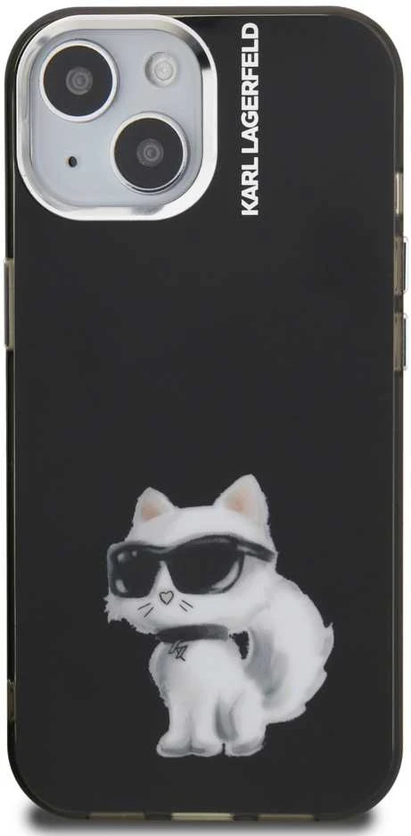 Karl Lagerfeld IML Aquarelle Choupette dėklas Apple iPhone 15 juodos spalvos