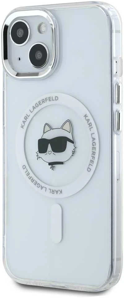 Karl Lagerfeld KLHMP15SHLSCHH Apple iPhone 15 6.1″ baltos spalvos kietas dėklas IML Metal Choupette Head MagSafe