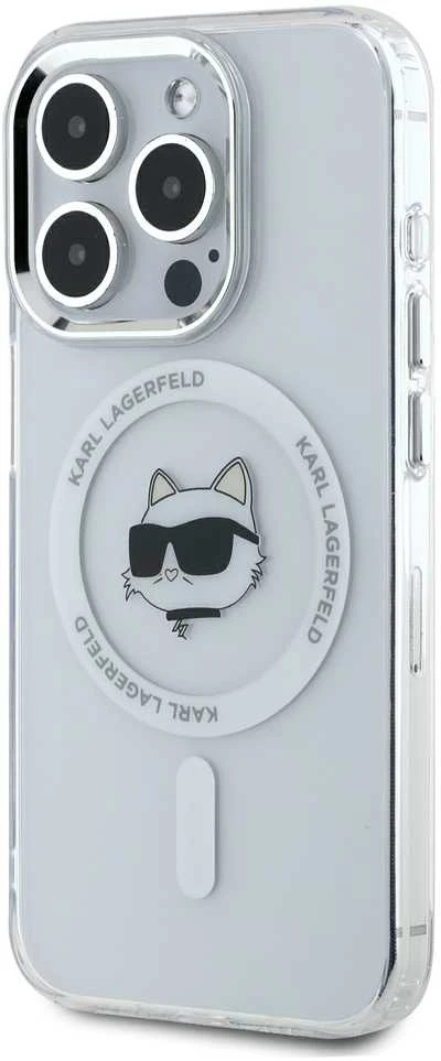 Karl Lagerfeld KLHMP15LHLSCHH Apple iPhone 15 Pro 6.1″ baltos spalvos kietas dėklas IML Metal Choupette Head MagSafe
