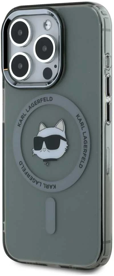 Karl Lagerfeld IML Choupette Head Metal Frame MagSafe dėklas telefonui Apple iPhone 15 Pro Max juodos spalvos