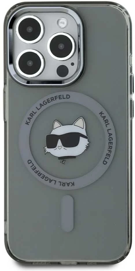 Karl Lagerfeld IML Choupette Head Metal Frame MagSafe dėklas telefonui Apple iPhone 15 Pro Max juodos spalvos