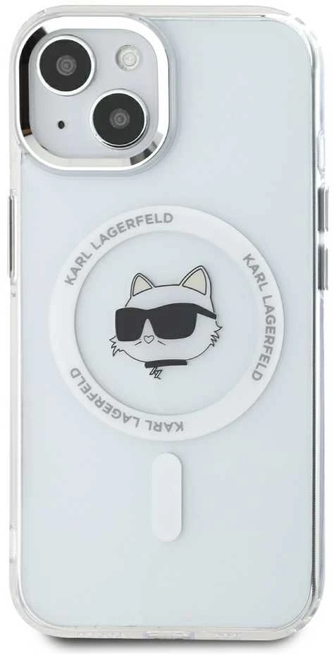 Karl Lagerfeld KLHMP15SHLSCHH Apple iPhone 15 6.1″ baltos spalvos kietas dėklas IML Metal Choupette Head MagSafe