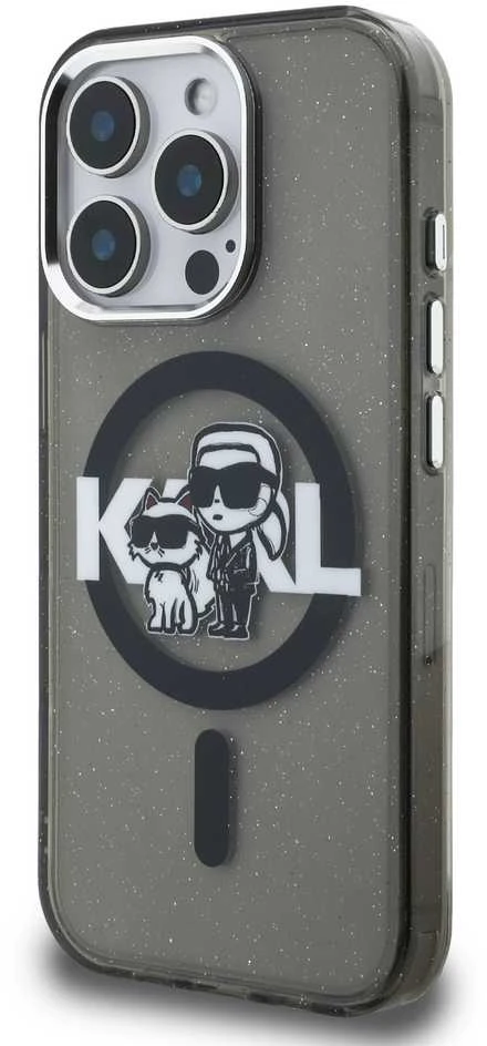 Karl Lagerfeld IML Glitter Karl and Choupette Sketch MagSafe dėklas Apple iPhone 15 Pro Max juodos spalvos